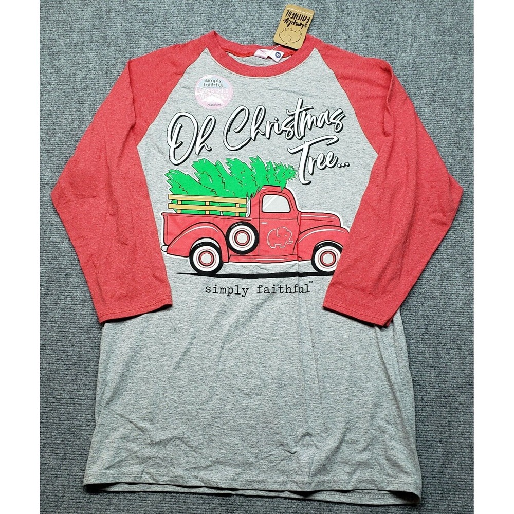 Simply Faithful T Shirt Mens Size S Gray Red Oh Christmas Tree 3/4 Sleeve New